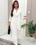 DESIGNER WEAR TRENDING SUMMER MASLIN TOP WITH COTTON THREAD EMBROIDERED WORK AND WORK PLAZO WITH DUPATTA