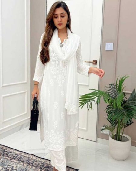 DESIGNER WEAR TRENDING SUMMER MASLIN TOP WITH COTTON THREAD EMBROIDERED WORK AND WORK PLAZO WITH DUPATTA