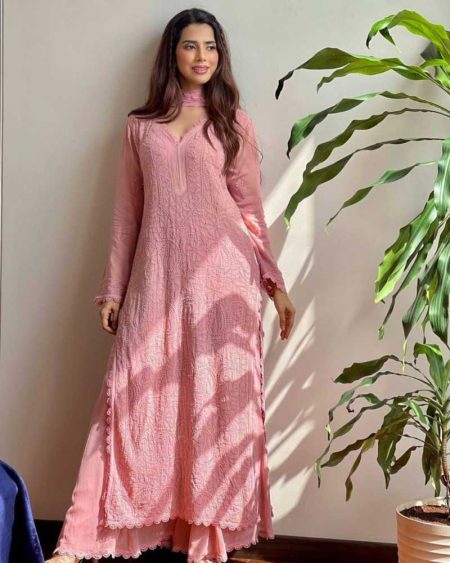 RUNNING WEAR TRENDING FAUX GEORGETTE TOP COTTON THREAD EMBROIDERED WORK AND WORK PLAZO WITH DUPATTA