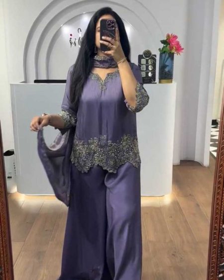 DESIGNER WEAR TRENDING  TOP WITH SEQUANCE EMBROIDERY WORK WITH ARCA WORK WITH PLAZO AND DUPATTA