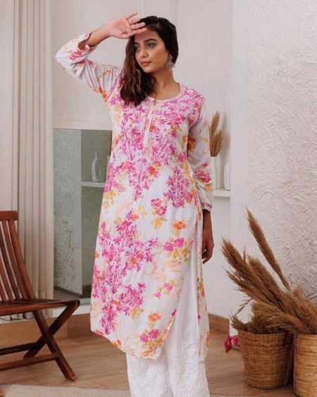 PRINTED REYON TOP WITH COTTON THREAD EMBROIDERED WORK AND WORK PLAZO