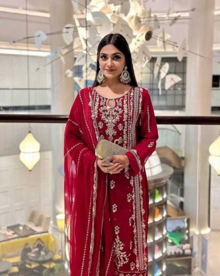 DESIGNER WEAR TRENDING FAUX GEORGETTE TOP WITH SEQUANCE  EMBROIDERED WORK AND PANT WITH DUPATTA