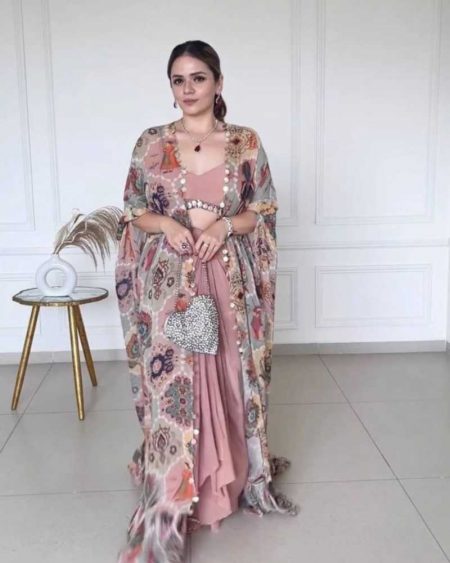 DESIGNER FANCY WESTERN STYLE FIONA SILK PRINTED AND COIN LACE WORK KOTI, CHOLI WITH WESTERN BOTTOM