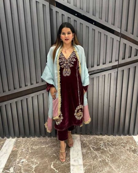DESIGNER WEAR VELVET SEQUENCE EMBROIDERY WORK SUIT PANT WITH DUPATTA