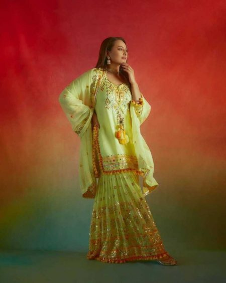 BOLLYWOOD STYLE FAUX GEORGETTE SEQUANCE EMBROIDERY WORK SUIT WITH STITCHED SARARA AND DUPATTA