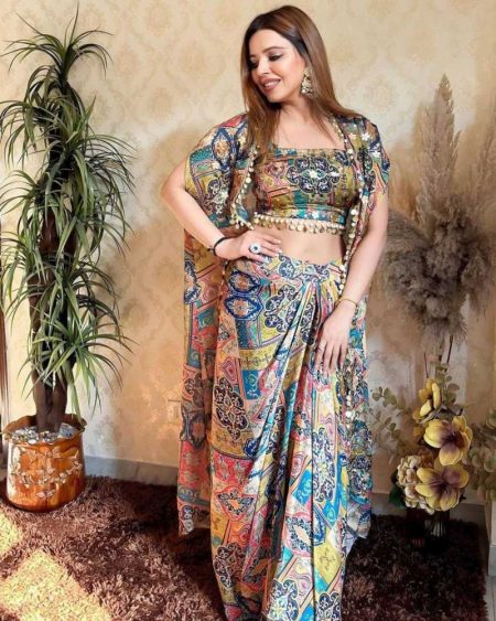 DESIGNER FANCY WESTERN STYLE CREAP SILK PRINTED AND COIN LACE WORK KOTI, BLOUSE WITH WESTERN BOTTOM
