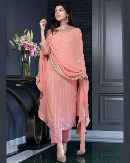 RAMZAN SPECIAL FANCY CHANDERI SUIT WITH STITCHED PANT AND WOTK DUPATTA