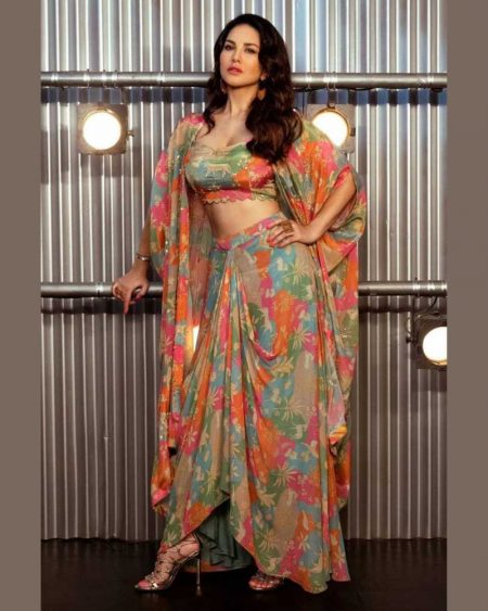 DESIGNER FANCY WESTERN STYLE CREAP SILK PRINTED AND PAN MIROR WORK KOTI, BLOUSE WITH WESTERN BOTTOM