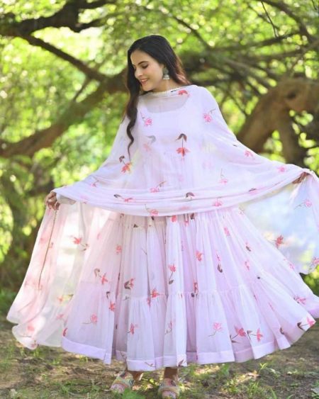 DESIGNER FANCY LONG SLEEVE PRINTED GEORGETTE RUFFLE SUIT WITH PRINTED DUPATTA