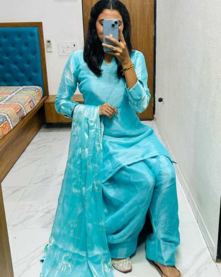 DESIGNER WEAR EXCLUSIVE FARSI SALWAR SUIT FENDI SILK FABRIC TOP AND PANT WITH DUPATTA