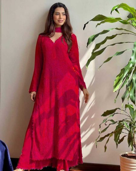 RUNNING WEAR TRENDING FAUX GEORGETTE TOP COTTON THREAD EMBROIDERED WORK AND WORK PLAZO WITH DUPATT