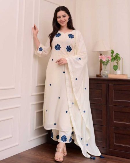 DESIGNER WEAR EXCLUSIVE SUIT IN EMBROIDERED ROMAN SILK FABRIC TOP AND PANT WITH DUPATTA PAIR