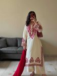 DESIGNER WEAR EXCLUSIVE SUIT IN EMBROIDERED ROMAN SILK FABRIC TOP AND PANT WITH DUPATTA PAIR