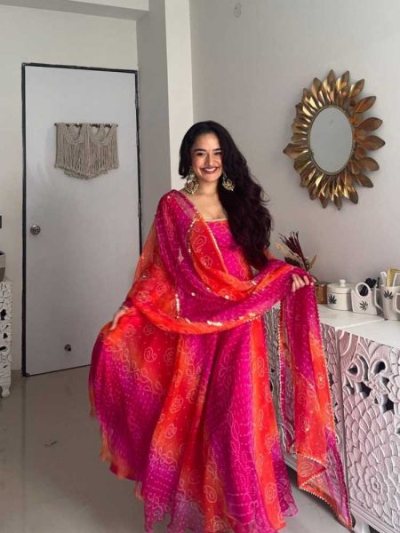 COMFORTABLE GOWN WITH  FAUX GEORGETTE FABRIC WITH PRINTED WORK WITH STITCHED PANT AND  DUPATTA
