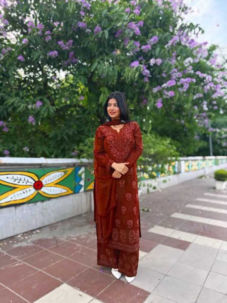 designer farsi salwar suit in french crape  exclusive embroidered farsi salwar suit set  stylish french crape salwar suit with dupatta  party wear farsi suit with organza dupatta  luxury designer farsi salwar suit for ladies  trending french crape top and pant suit set  elegant farsi salwar suit with embroidery work  wedding wear farsi salwar suit in organza dupatta